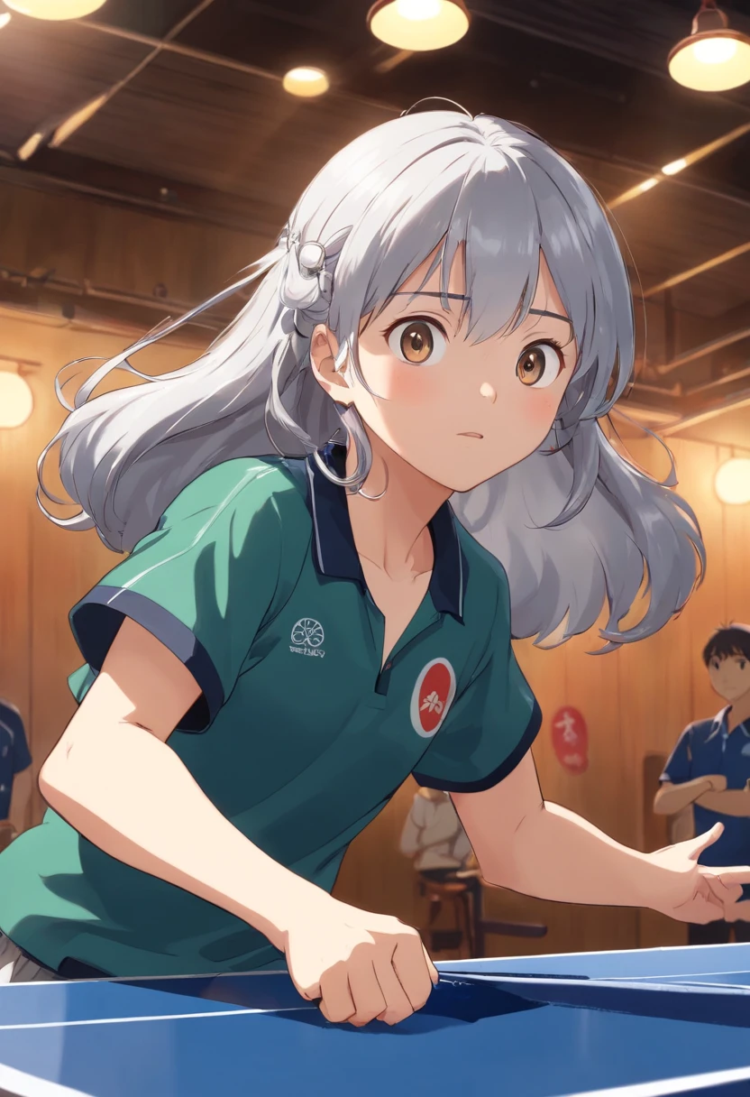 Silver-haired girl playing table tennis，There were several boys around