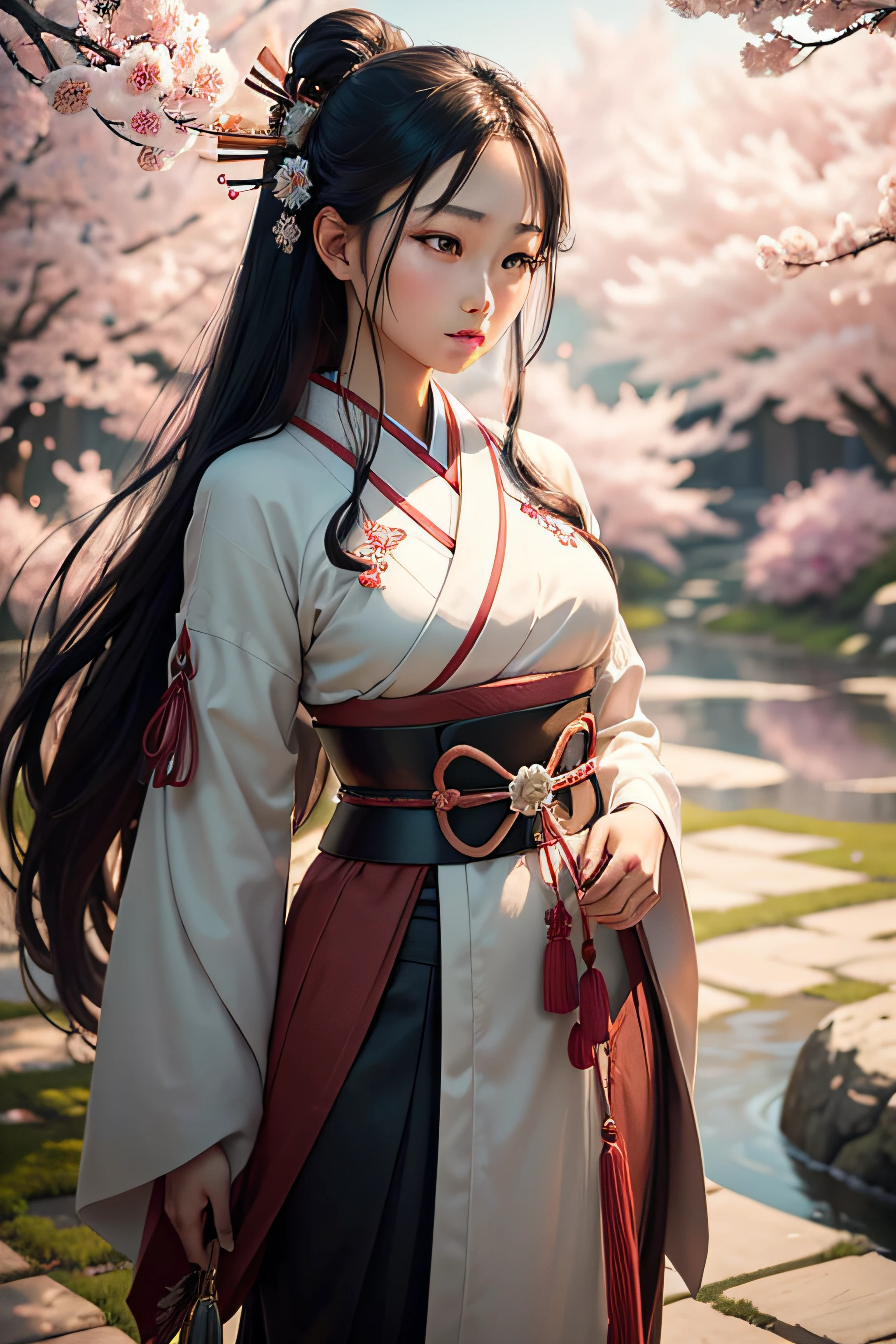 A young woman in a traditional Japanese samurai attire stands gracefully amidst a vibrant cherry blossom garden. Her long, flowing hair dances in the gentle breeze as she holds a gleaming katana, symbolizing strength and resilience. Her mesmerizing eyes, radiant with determination and courage, captivate all who gaze upon her. The delicate petals of the cherry blossoms fall softly around her, creating a picturesque scene of tranquility and beauty. The artwork is created with the finest attention to detail, resulting in a high-resolution masterpiece that showcases the intricate textures and colors of each element. The overall aesthetic exudes a sense of realism and photorealism, evoking a profound emotional connection with the viewers. The lighting is carefully curated, casting soft warm tones that accentuate the ethereal beauty of the scene. This prompt has a strong emphasis on a mix of Japanese culture and traditional art style, infusing elements of nature, strength, and femininity to create a harmonious and captivating composition.
