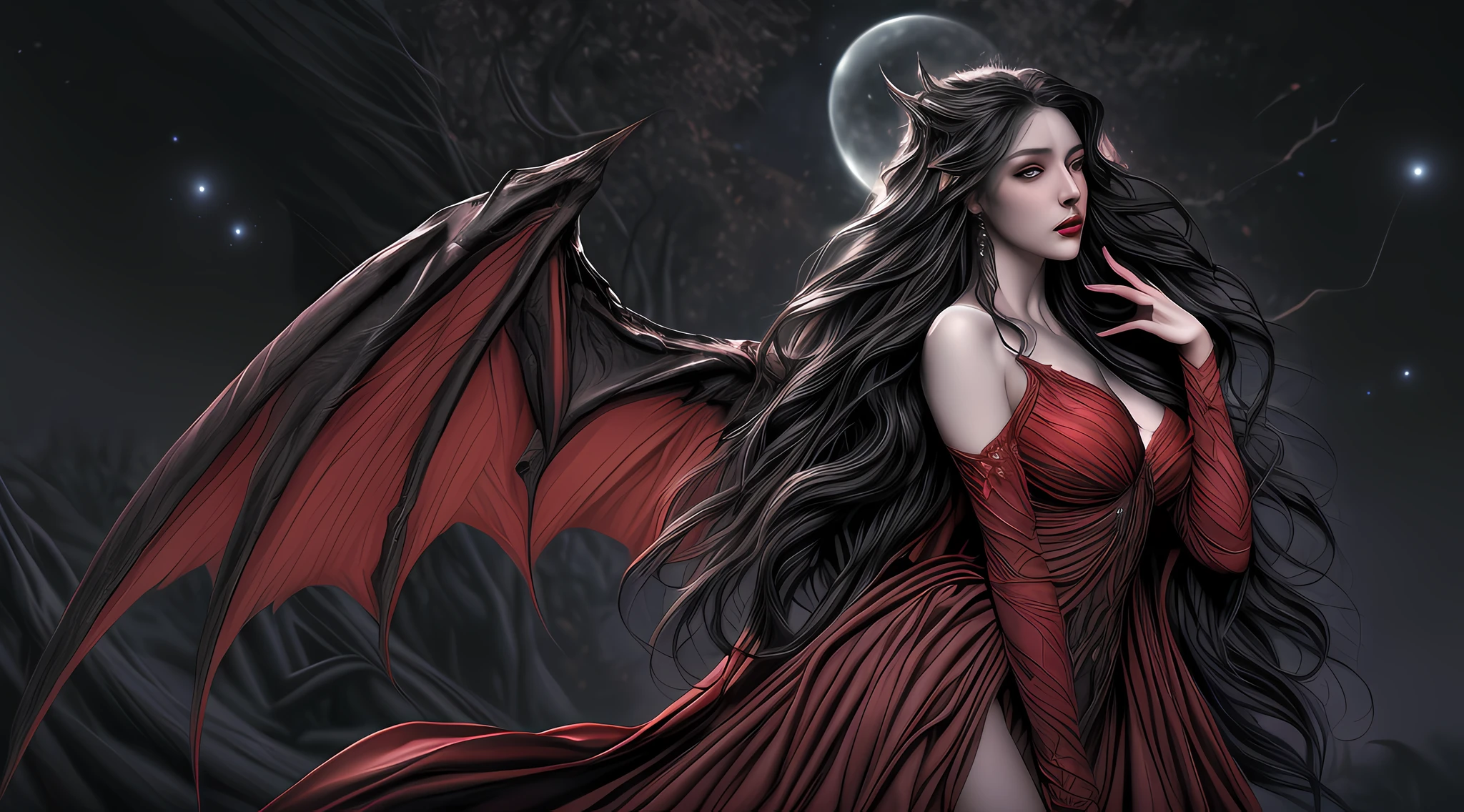 dark fantasy art, gothic art, illustration of a sexy beautiful female fairy standing under the starry night sky at the dark forest, full distant shot, full body (best detailed, Masterpiece, best quality), ultra detailed face (best detailed, Masterpiece, best quality), ultra feminine (best detailed, Masterpiece, best quality), (red skin: 1.3), black hair, wavy hair, dynamic eyes color, yellow glowing eyes, intense eyes, red lips, wearing white dress, dark elegant style dress (ultra detailed, Masterpiece, best quality: 1.3), black and red bat wings bat_wings (ultra detailed, Masterpiece, best quality), red veins, wearing high heeled boots, sky full of stars background, moon, best details, best quality, 16K, [ultra detailed], masterpiece, best quality, (ultra detailed), full body, ultra wide shot, photorealistic, dark fantasy art, gothic art,