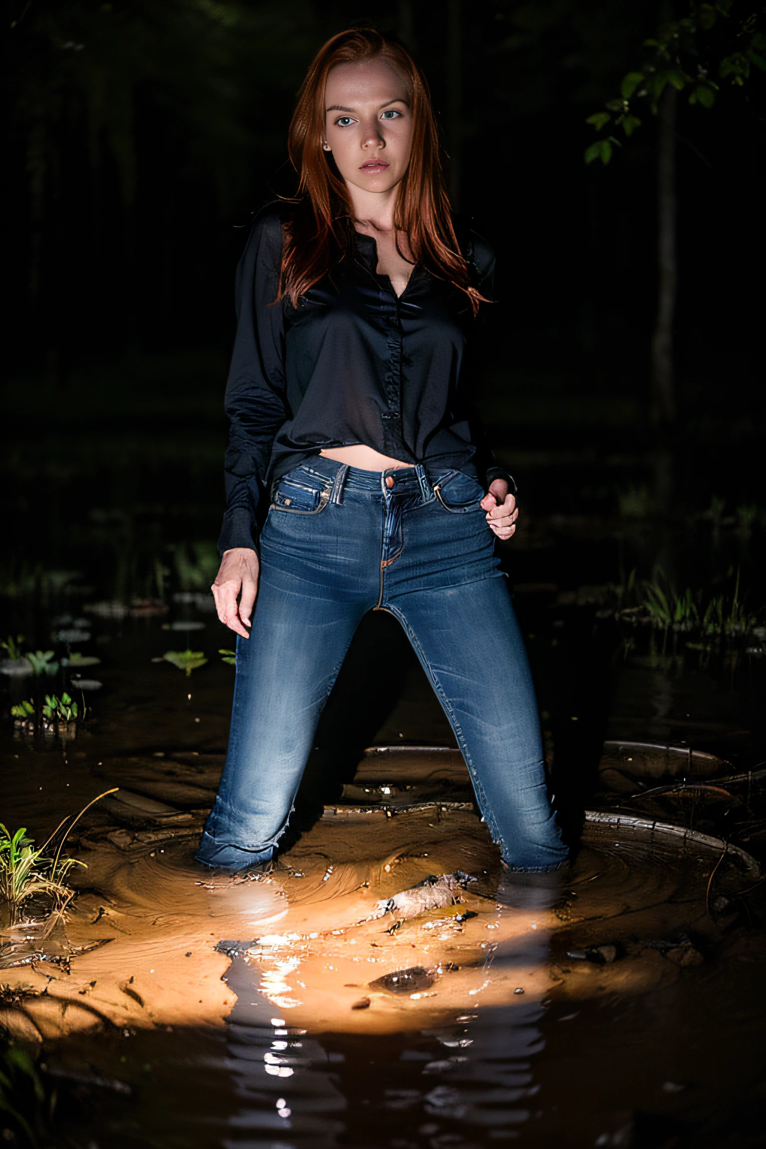 Hyperrealistic photo, Ultra Detailed, Raw, tmasterpiece, Dynamic frame), the night,Forest swamp.(Darkness around.Flash-only lighting when taking photos:1.4).The woman, Tormented by lust, recklessly (drowning in a swamp:1.2). In the middle of a muddy swamp, satisfies his fetish, loose jeans, Tight blouse. redhead hair