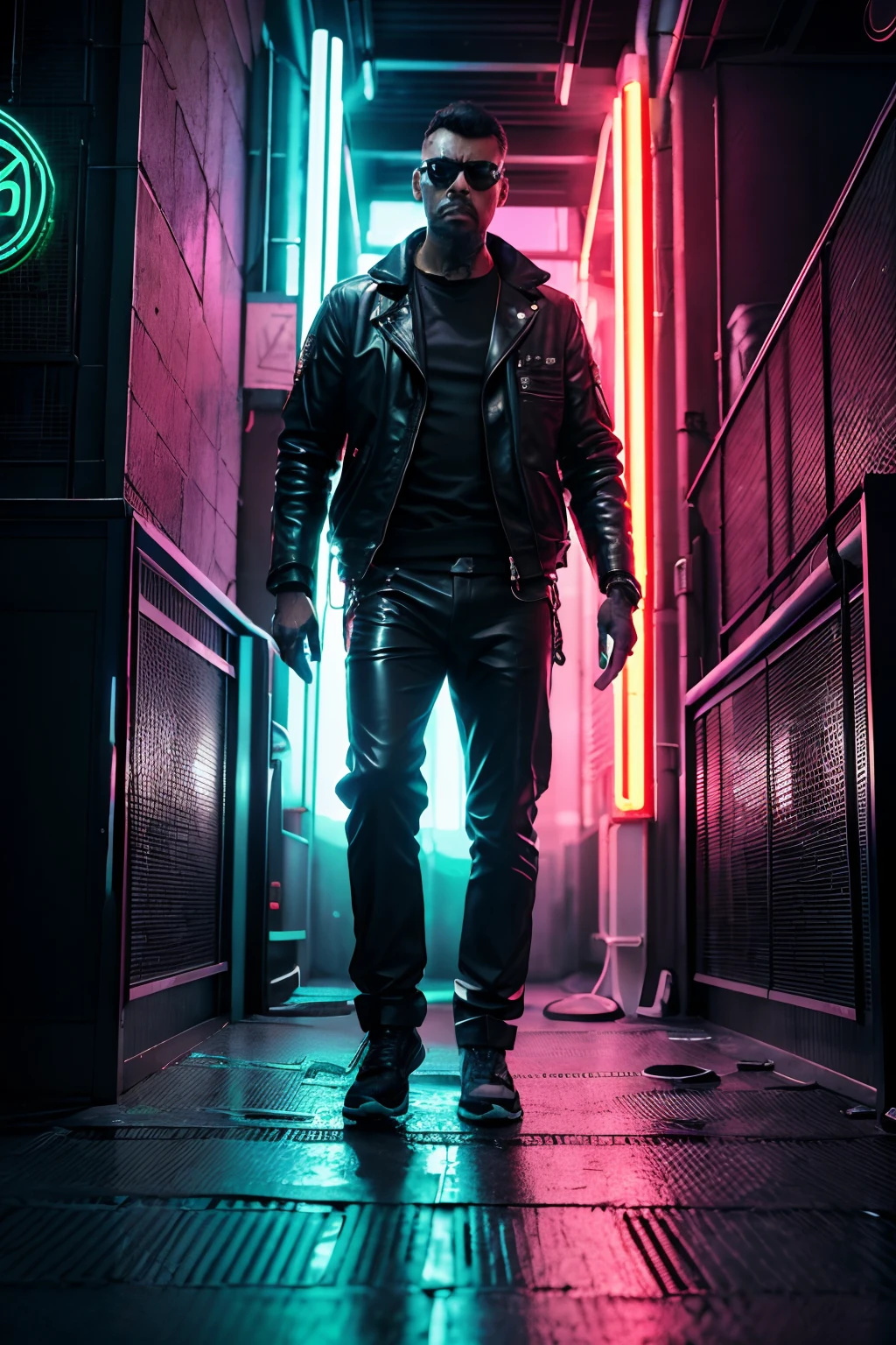 guttoepic2, Crie uma imagem fotorrealista no estilo cyberpunk de um homem com jaqueta de couro preta com detalhes intrincados, Qualidade extrema, and a complex composition. Usar uma paleta de cores que inclua pretos profundos, azuis neon, e sotaques cyberpunk vibrantes. The texture should emphasize the worn leather and bright neon lights. Artistas relacionados a este estilo: Syd Mead, simon stålenhag, e Shusei Nagaoka.