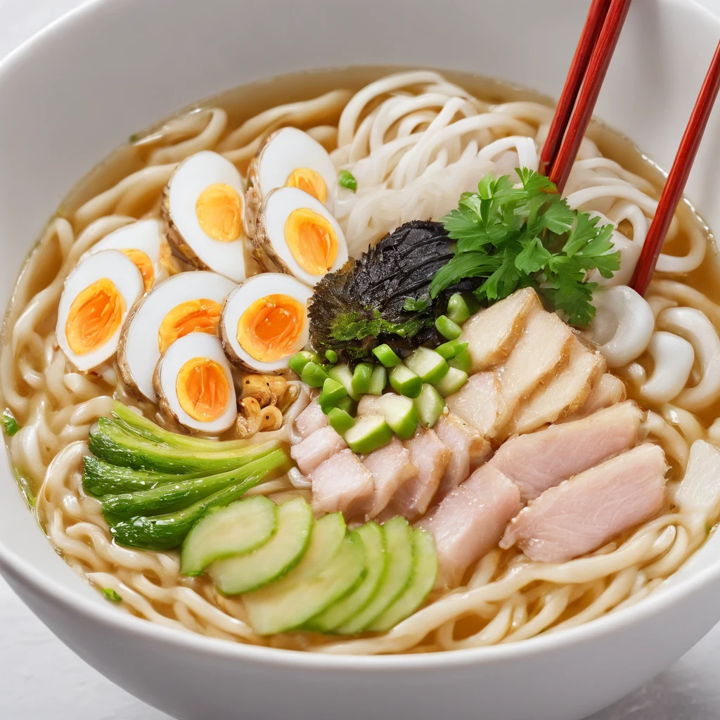 Ramen, steam,masterpiece,top-quality,professional photograpy,detail portrayal,8K,the background is white