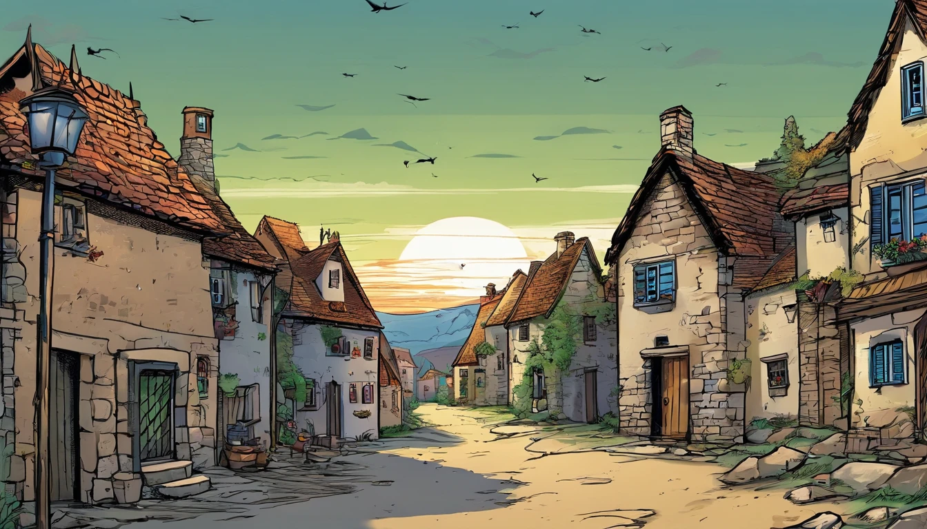 dark stomry sky, low-angle, medieval village, abandonned