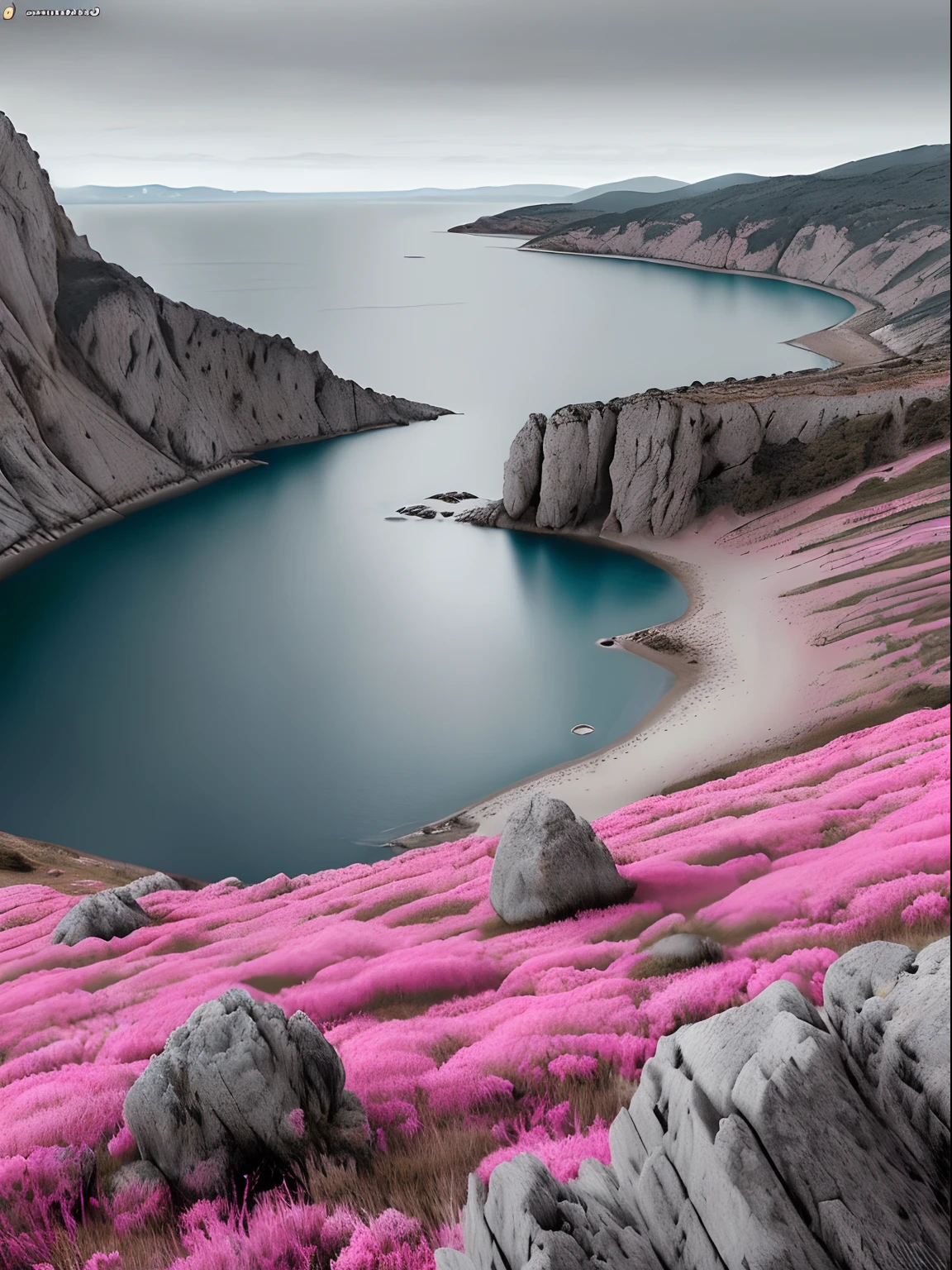 Una pantera rosa ((agresivo), in attack position, rocas y lago alrededor, Entorno natural altamente detallado, Imagen de alta calidad, hiperrealista, cinematic look, HD en 32k--ar 3:2--en estilo de dibujos animados, dibujar