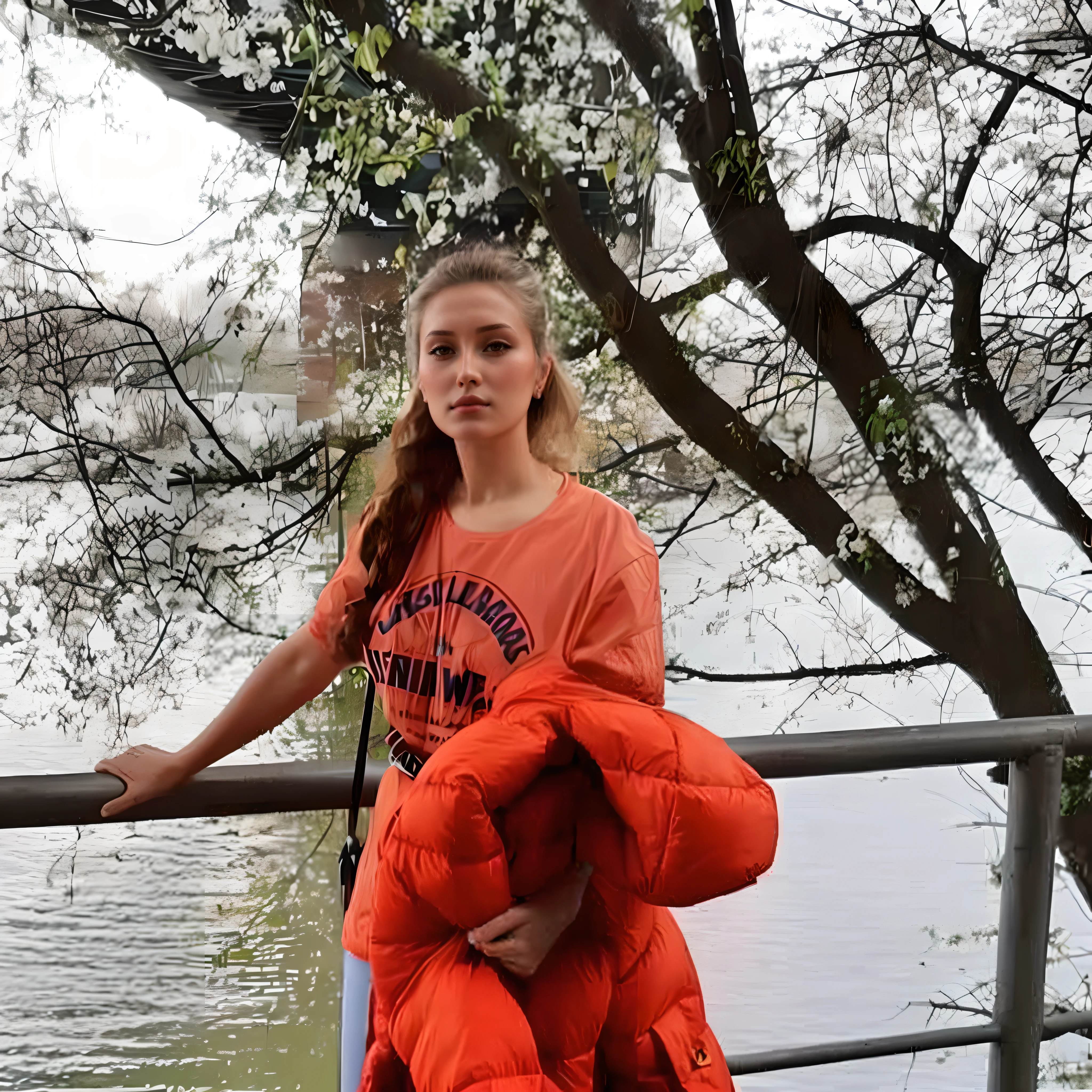 arafed woman in an orange jacket leaning on a railing, against the backdrop of trees, yelena belova, style of julia razumova, aleksandra waliszewska, orange reflective puffy coat, angelina stroganova, in orange clothes) fight, anastasia ovchinnikova, dasha taran, ekaterina
