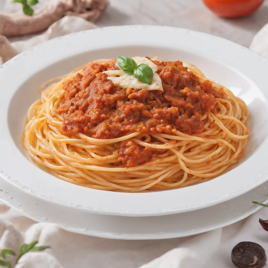 Spaghetti,Meat sauce, ​masterpiece,top-quality,professional photograpy,detail portrayal,8K,the background is white