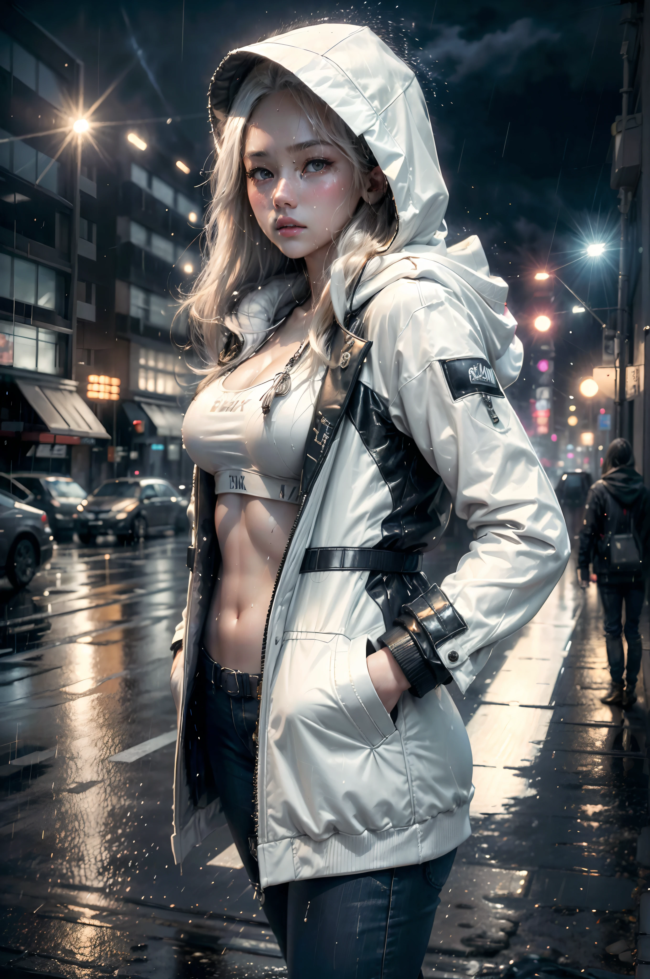 (8k, RAW photo, best quality, masterpiece:1.2), (realistic, photo-realistic:1.37), rain, wet, extremely detailed, Dramatic Lighting, photon mapping, radiosity, (Sweatiness:1.2), ((1 girl)), 26 years old, female, beautiful woman, long white hair, medium breast, light makeup, long eye lashes, ((realistic bikini)), (sexy mech lingerie), ((hoodie coat jacket hands in pockets)), cyberpunk, cityscape, night city,