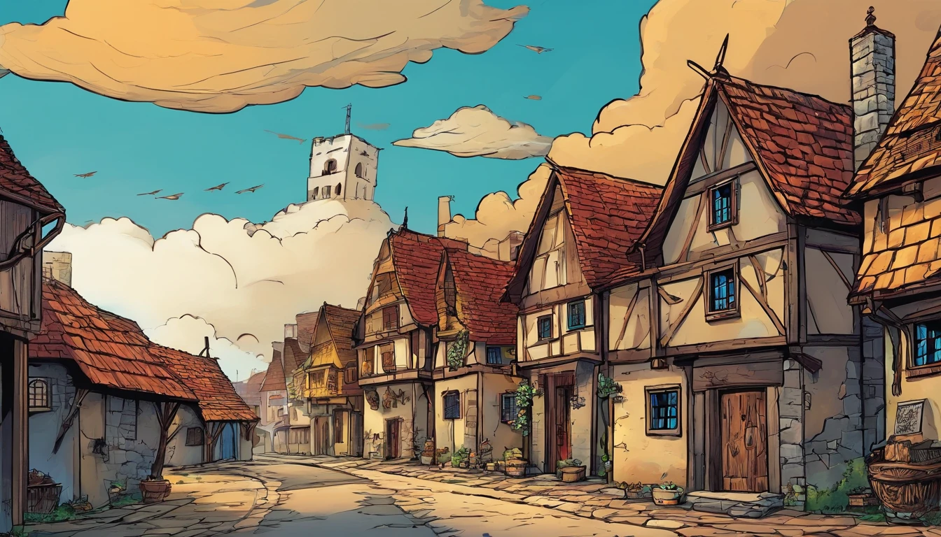 dark stomry sky, low-angle, medieval village, abandonned