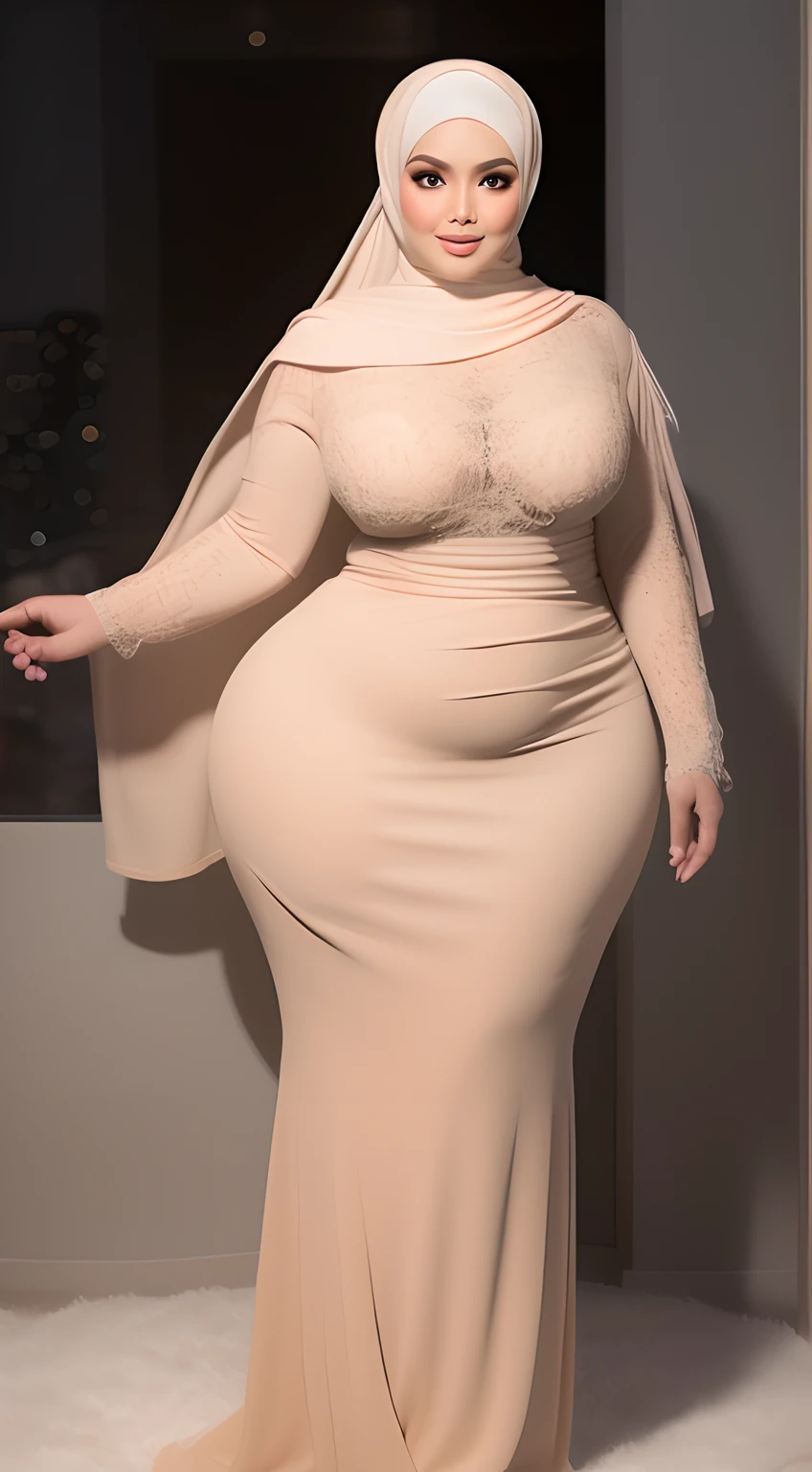 (NSFW,highres:1.2),1 girl,tokti,perfect body shape, slim waist, curvy hourglass figure, full body picture, skinny waist and thick hips,full body view,big boobs,wearing a hijab,wearing tight dress,beautiful detailed eyes,long eyelashes,natural makeup,soft smile,she has a jiggly fat round belly,vivid colors,studio lighting,physically-based rendering,digital artwork,bokeh