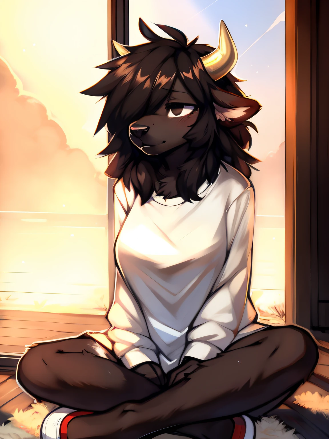 anorexic, rubbing eyes, dark fur, bison, fluffy fur, oversized shirt, dirty, stained, bags under eyes, 1girl, solo, female, big breasts, extremely messy hair, shaggy hair, hair over eye, black eyes, no shoes, paws, big ears, by zackary911, (coffeesoda:1.1), hioshiru, zackary911