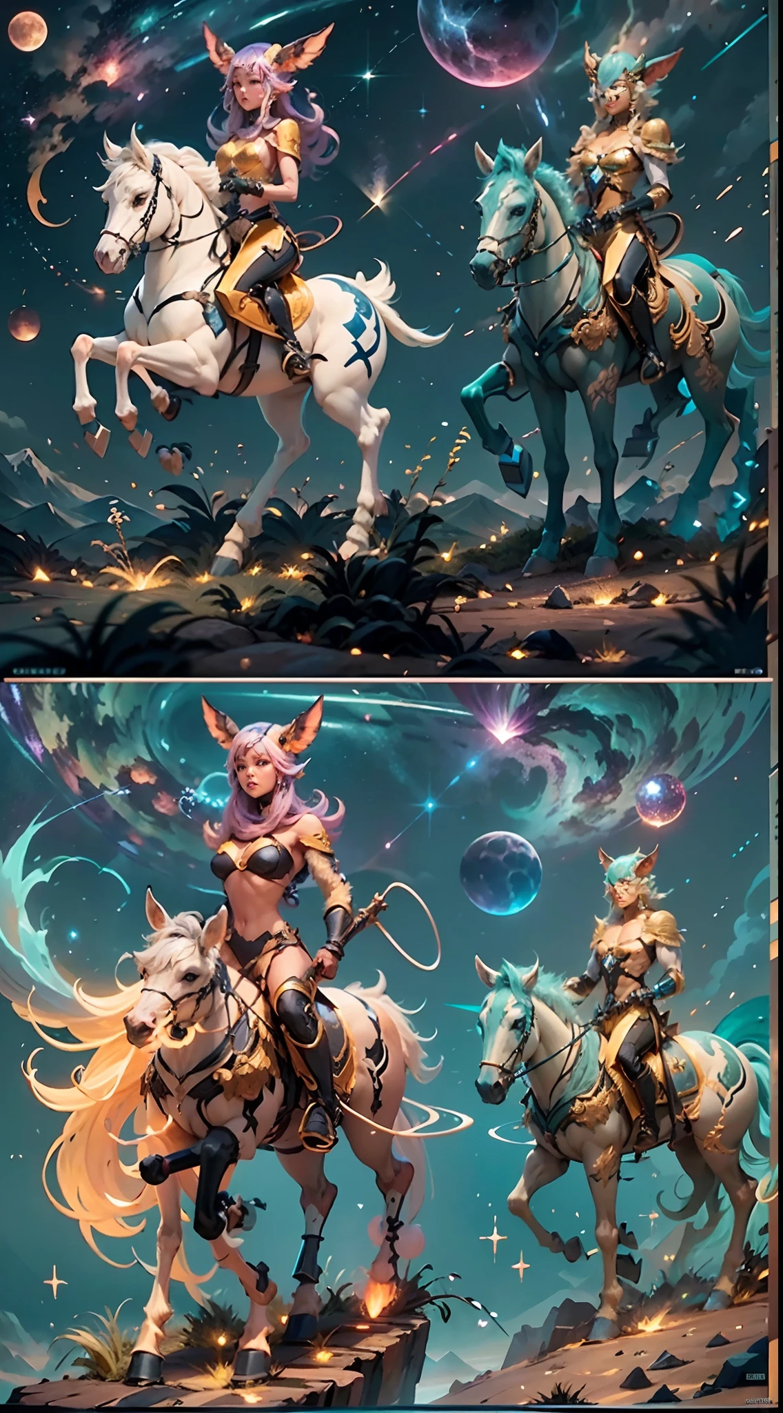 In the beautiful illustration of this super-grand scene，The ultra-distant lens shows us（Over eight separate and distinctive centaur characters：9.9），They all have their own characteristics，Vivid and interesting。Radiant from the heavens（Angelic centaurs：6.6），To nightmarish is（Centaurs surrounded by flames：6.6）、And then to the wind dancing in the air（Fairy centaurs：6.6）、And thunder and lightning surrounding（One-horned centaur：6.6），and shining metallic ones（Mechanical style centaur：6.6）、And then（A centaur with colorful dragon scales covering the whole body：6.6）The power is powerful、Elegant and agile（Elf centaur's slenderness：6.6）Gracefully wears a flower crown、Enchanting and charming（Tiflin centaurs：6.6）、Have the indescribable（Raised sexy：6.6）'s（Succubus centaurs：6.6）。Each character has their own unique charms and abilities。The illustration uses advanced artistic techniques and tools，（Use nesting、woven、stitching、ssee-through、arrange、grouping、Storyboards and other methods，Divide the scene into sections by geometric arrangement：9.9），Each section corresponds to a centaur character，This makes more efficient use of space。Through Midjourney's advanced brush tools、Color palette、Material packs and model packs、Texture tools，For each centaur, beautiful props are designed to increase racial characteristics、Clothing and physical features，（Enhances the character's personality and visual appeal：2.5），The scenery in the illustrations is stunning，There are changing skies、rainbowing、extreme light、Stars and Moon。Incorporating iconic landmarks such as Mount Everest，and fireworks、tranquil lake、Natural and urban elements of waves and neon lights，Creates a magical atmosphere，The centaurs display their unique abilities and equipment in a variety of environments，This is true even in extreme alien landscapes。（Use Midjourney's tools、Material packs、Texture tools、The color palette makes depicting details vivid and realistic：9.9），From complex hairstyles and as well as different racial traits、Body、Ap