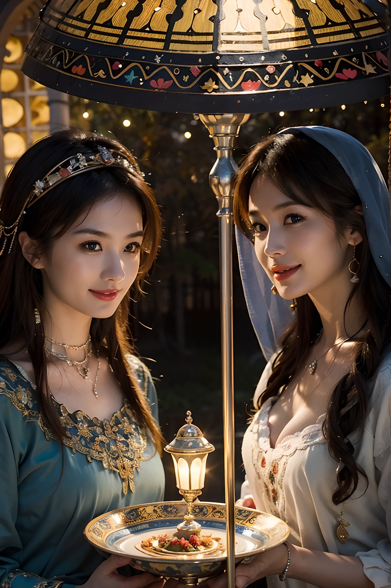 Smiling,Face focus,(Alebriès Art Style), Meteor shower in the starry sky, Several lesbians sitting together looking at the stars,leering,leering:1.3,Masterpiece, Best quality, intricately details, absurderes,,(Urzang-6500-V1 Edition.3,PureFace_V1,rendering by octane)