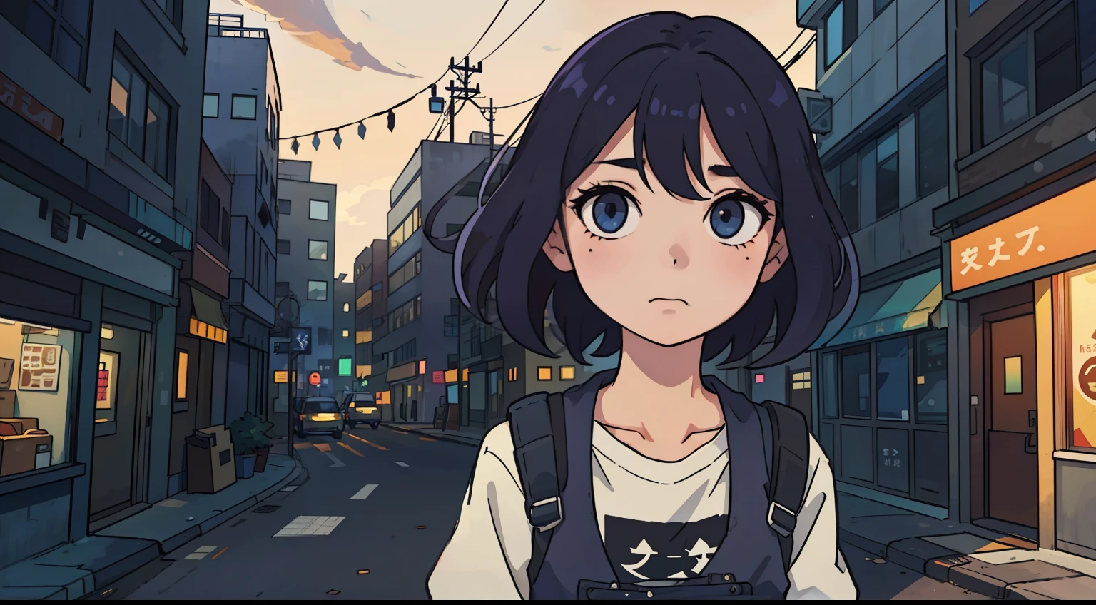 Girl in her 20s、urban backdrop、natta、80age、
(top-quality:0.8)、(top-quality:0.8)、perfect anime illustration、Dark indistinct face、radiant eyes
