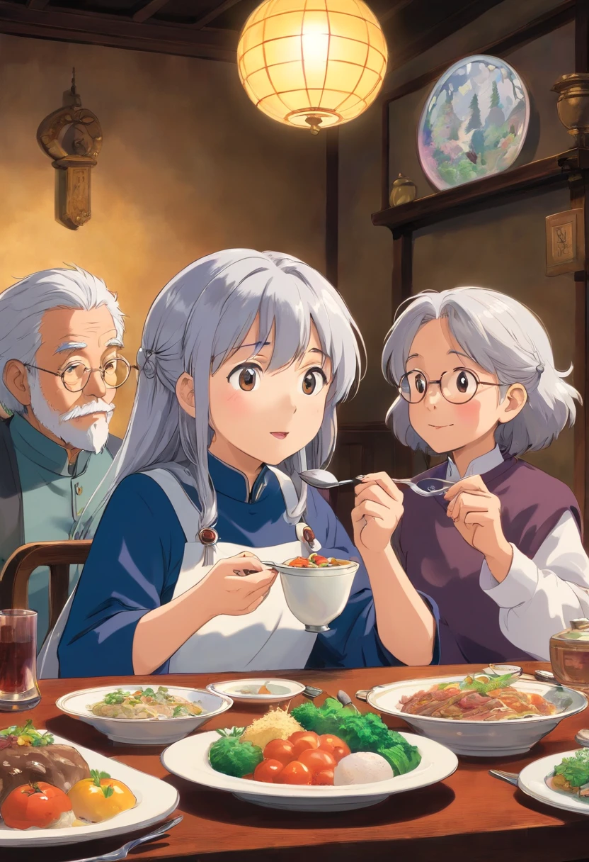 at a dinner table,Silver-haired girl eating with her parents