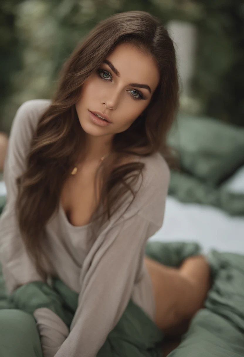 arafed woman at the club and a necklace, sexy girl with green eyes, portrait sophie mudd, brown hair and large eyes, selfie of a young woman, bedroom eyes, violet myers, without makeup, natural makeup, looking directly at the camera, face with artgram, subtle makeup, stunning full body shot, piercing green eyes, beautiful angle, attractive pose, cute girl, sexy pose, full body picture, full body, full body shoot, wearing grey skirt and boots