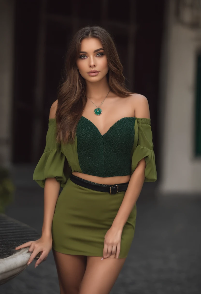  young brunette woman, beautiful brown eyes. long brown hair.  Strap top made of shiny dark green satin and a black pleated skirt with blazer, Tights, 项链, transparent lip gloss, narrow building, Pretty, 2, Full body photo, long legs, Satin top, dancing at a party, looks stunning. is enthusiastic. In the background are wedding guests
