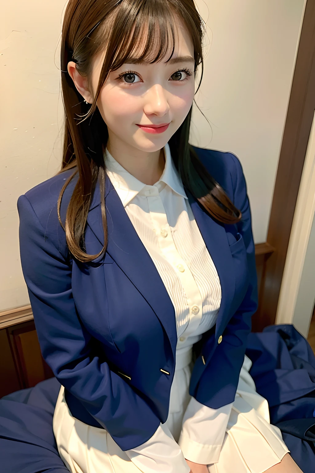 Top quality, ultra high resolution, (photorealistic: 1.4), 1 girl, dark blue blazer, white shirt, blue checked ribbon, dark blue pleated skirt, (huge breasts: 1.2), medium hair, fair skin, smile