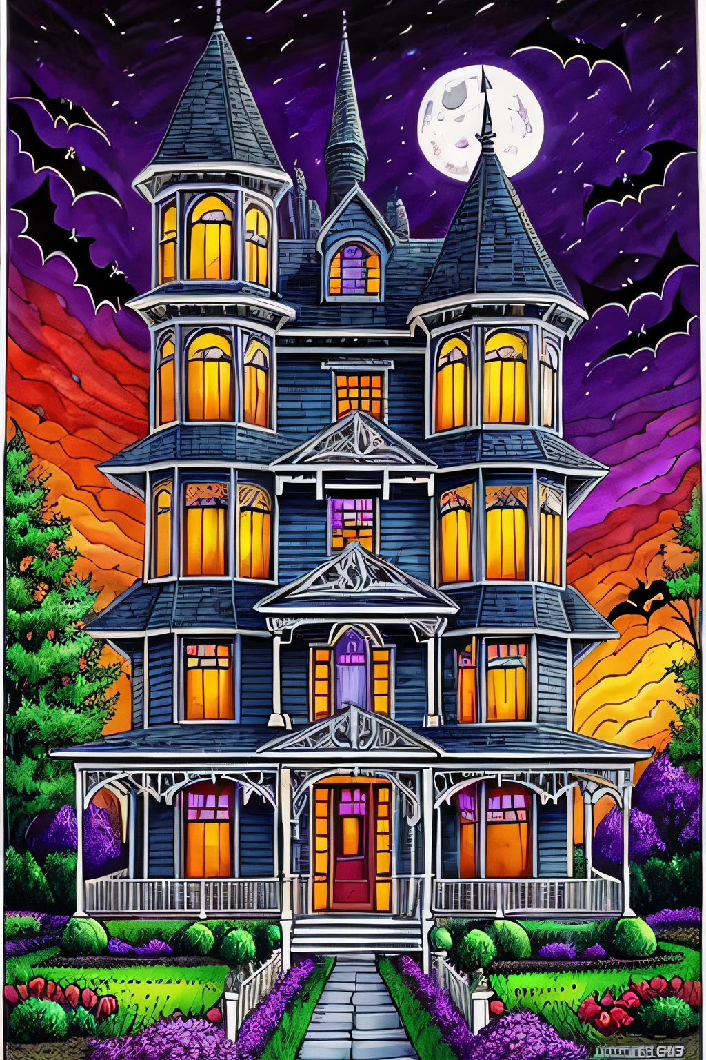colorfully colored coloring page of extremely colorful painting of a house with a witch flying over it, spooky mansion, haunted house themed, haunted house, gothic mansion, halloween scene, ultra detailed haunted house, haunted painting, haunting and spooky, detailed 3d gothic, haunted gothic hotel, haunted mansion, by artist john sloane --auto