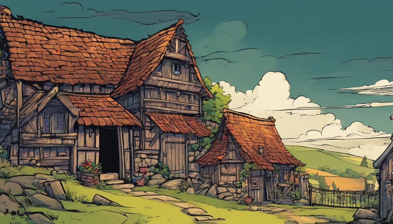 dark stomry sky, low-angle, medieval village, abandonned