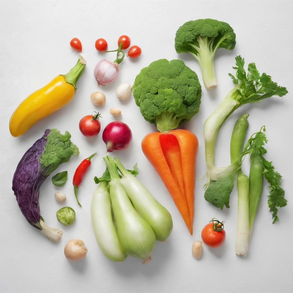 Assorted vegetables, ​masterpiece,top-quality,professional photograpy,detail portrayal,8K,the background is white