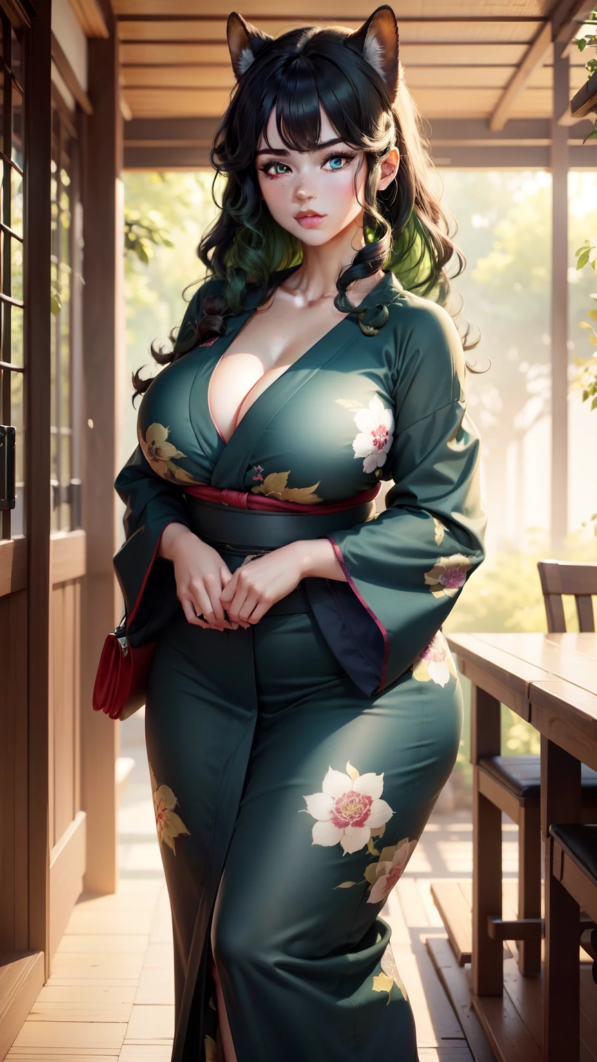 best quality,4k,8k,highres,masterpiece:1.2,ultra-detailed,thicc busty squirrell girl, medium wavy curly dark blue hair with streaks of green hair, eye heterochromia, red eye, golden eye, dressed in sensual yukata, in anime style