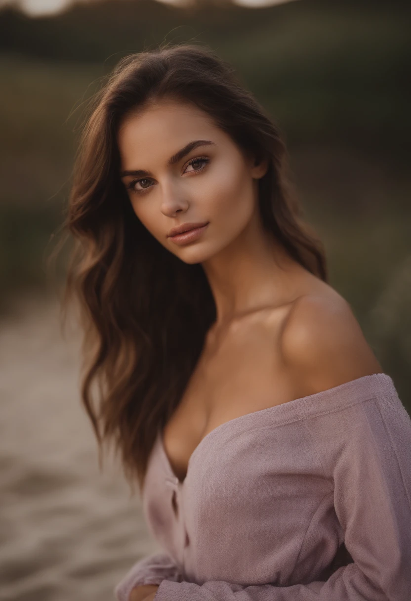 arafed woman topless, sexy girl with brown eyes, portrait sophie mudd, brown hair and large eyes, selfie of a young woman, bedroom eyes, violet myers, without makeup, natural makeup, looking directly at the camera, face with artgram, subtle makeup, stunning full body shot, at the beach
