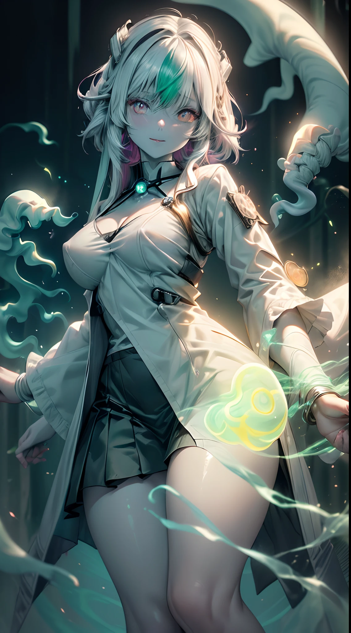 (ghosty:1.85) (doctor:1.5) girl, (white doctor coat:1.4), (spirit, spiritual:1.2), 1girl, perfect and well designed glowing shiny eyes, (beautiful detailed eyes:1.05), natural medium breasts, slim body, beautiful and delicate cute face, (face detail), ((realistic face)), pores, ((pale grey skin)), detailed skin, realistic skin, (((bioluminescence))), ((shiny skin)), (multicolored gradation skin), (monster girl:1.25), human face, medium length hair, hair voluminous, (((((multicolored gradation hair))))), blondie, super high resolution, 8k, parameters Best quality, (masterpiece:1.4), (magic accessories:1.4), bracelets, extremely detailed thick tight ((dark grey:0.85), (green:1.2), (pink:0.5)) medical outfit, skirt, (standing nipples under cloth:1.1), (neckline:1.2), (cleavage:0.9), decolette, Young Girl, Little Beast, (Smile:0.9), (pale Skin:1.65), ultra detailed, photorealistic, ((Real image)), (best quality:1.4), super high resolution, (Realistic 2.0), More details, (((1girl))), {(medical ward:1.2)|(doctor office:1.2)}, (beautiful and aesthetic:1.2), (fractal art:1.4), (cinematic light:1.1), (close DUTCH ANGLE:1.2), 16K, HDR, RTX, Ray Tracing, Radiosity, Anisotropic Filtering, Subsurface Scattering, (((magic lights))), metallic reflections, Detailed, Realistic, 4k highly detailed digital art, (cool_color), extremely detailed CG unity 8k wallpaper, vibrant colors, (seductive pose:1.6)
