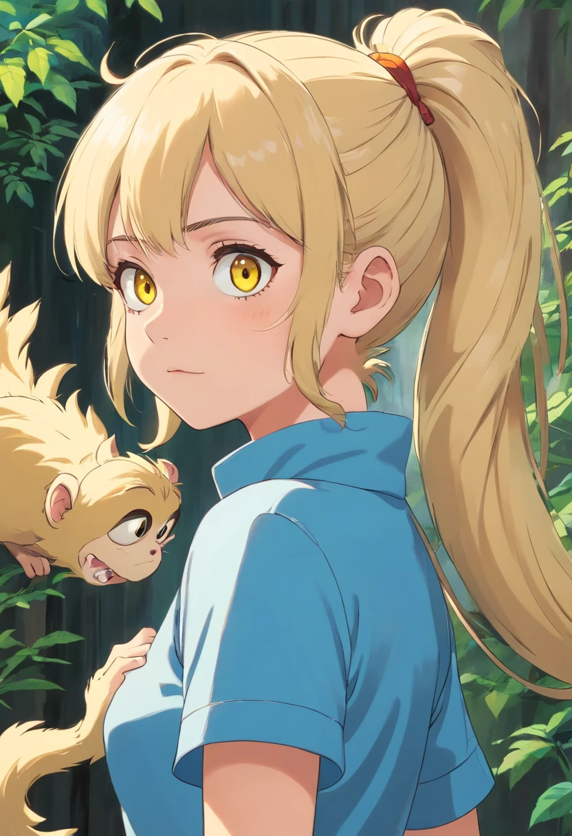 Girl with blonde hair and double ponytail(Yellow eyes)Imitating a monkey