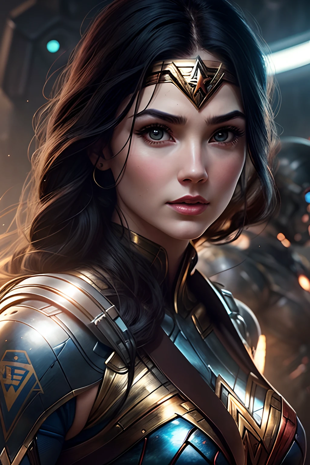 A fantasy picture of (Gal Gadot:1.35) as a Cyberpunk Era Wonder Woman with Cybernetic Wonder Woman Costume in a Neo Cyberpunk Roman Empire with glowing eyes and robotic limbs, insanely intricate detail, Don Lawrence style