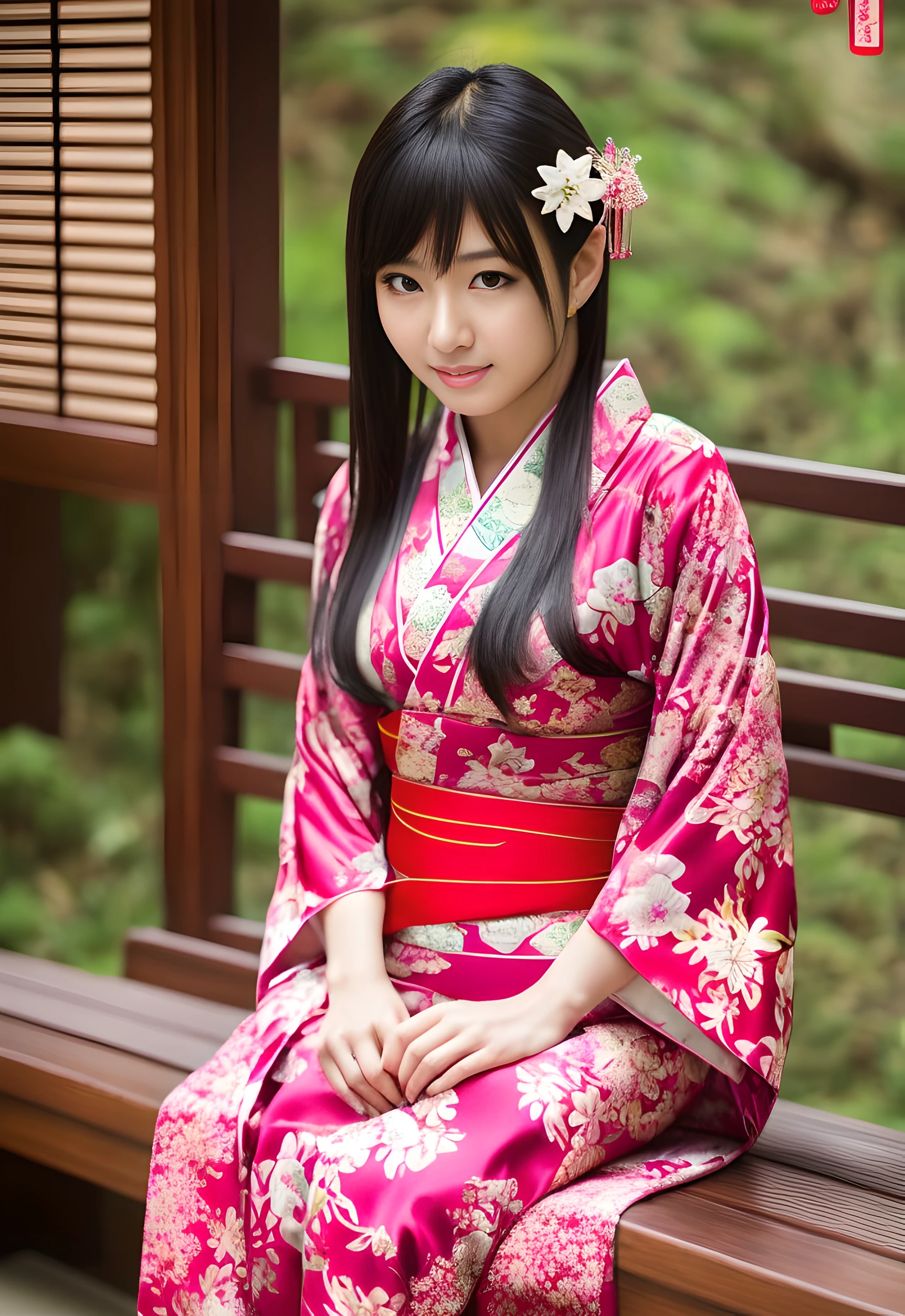 Arafa's Asian woman in kimono sitting on a bench, in a kimono, A Japanese Lady, in a kimono, goddess of Japan, Young Sensual Gravure Idol, Japanese, elegant japanese woman, Yoko Matsugane(I don't know about the fire dance), Wearing kimono, Realistic sensual gravure idol, Ayami, stunning appealing figure