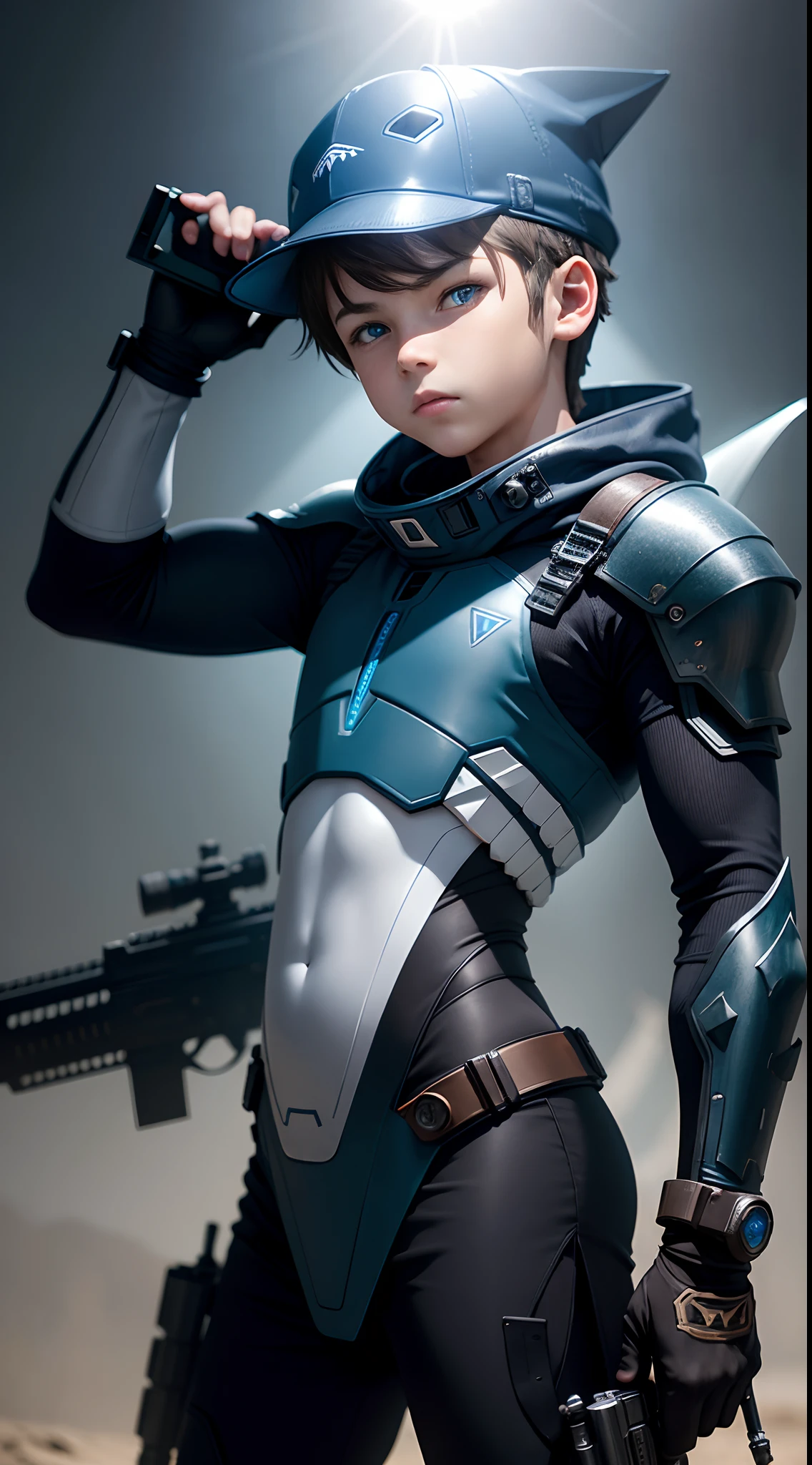 Boy in shark armor,Indigo eyes,Sniper boy with a gun,Brown hair、Mechanical shark hat,The background is futuristic outer space,sunlight,super-fine、Detailed Shadows,high-level image quality,Raw photo,the whole,8k, --auto