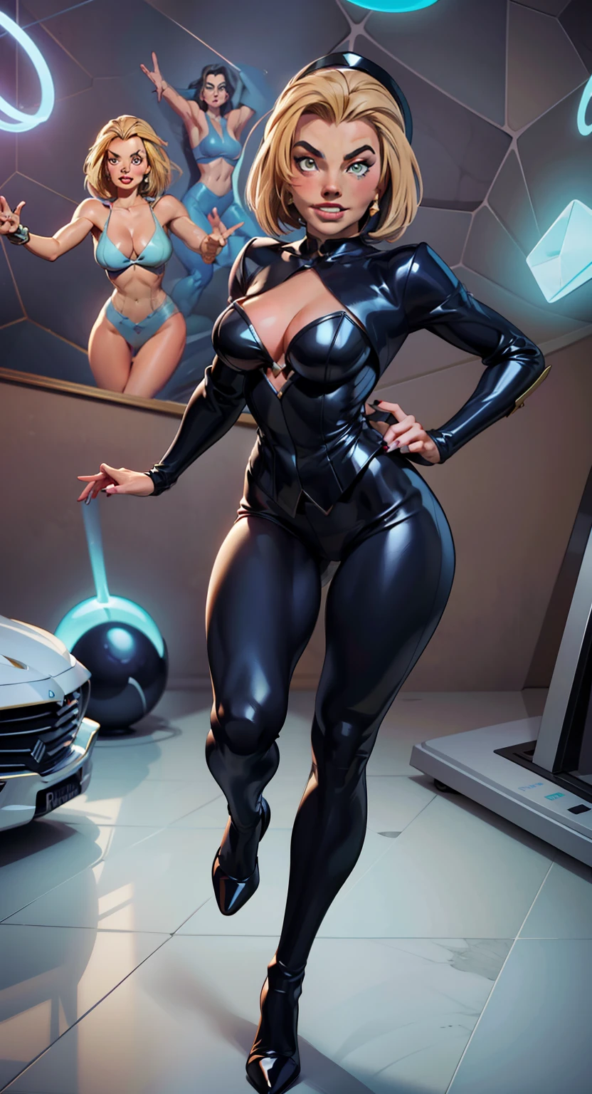 retrato de uma mulher loira bonita de (((corpo inteiro))), (((rosto da margot robbie))), como um desenho estilo cartoon, contorno preto, detalhes intrincados