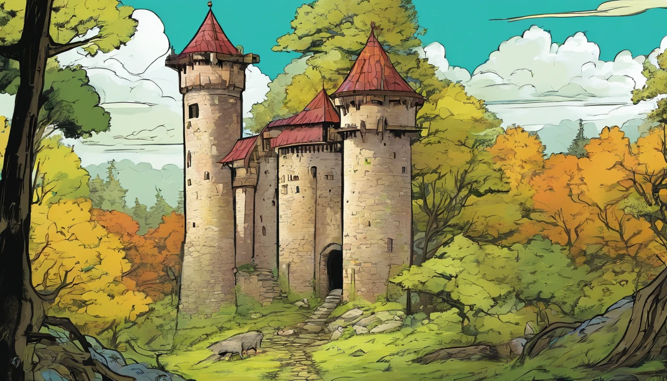 a medieval tower, in the middle of a clearing, in the forest