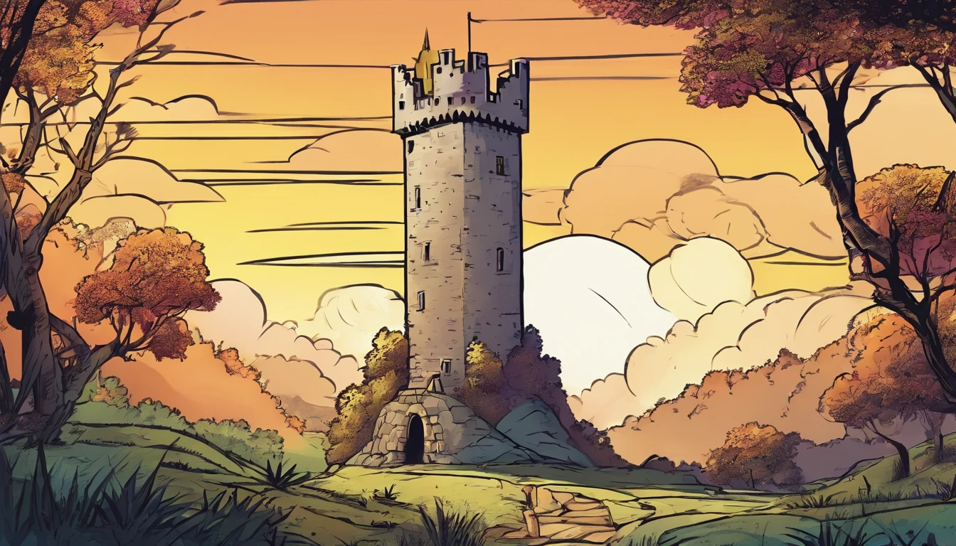 a medieval tower, in the middle of a clearing, in the forest