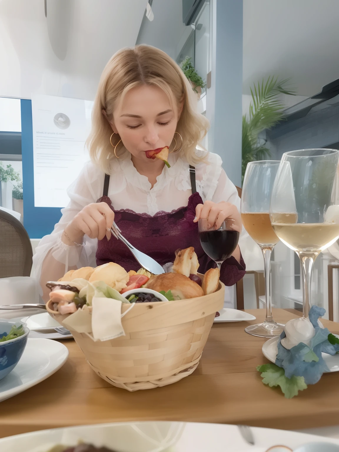 woman sitting at a table with a basket of food and wine glasses, using fork, yummy, by Maksimilijan Vanka, eating, sitting at table, abcdefghijklmnopqrstuvwxyz, not blurry, sitting at a table, gorgeous lady, very accurate photo, eating a rat, closeup at the food, very tasty