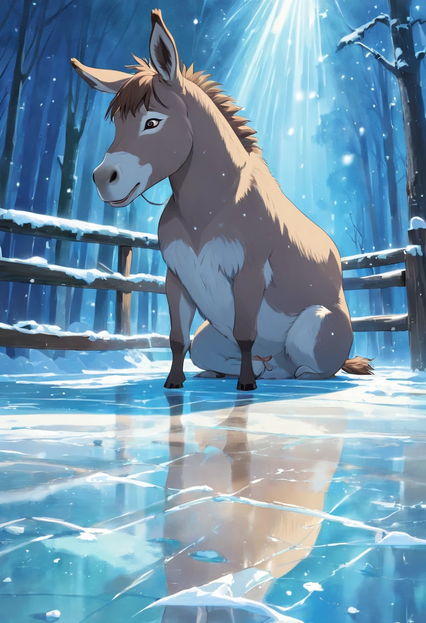 A donkey（weeping）Falling on the ice，on the floor on all fours