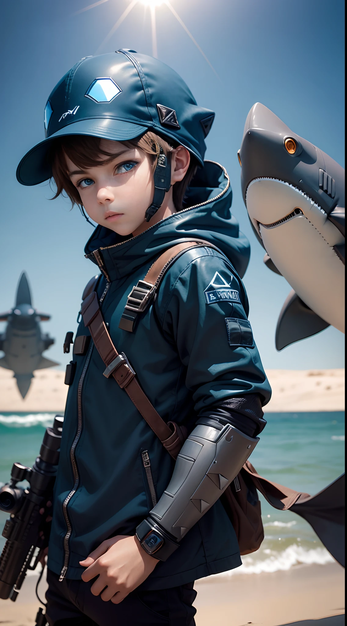 Boy in shark armor,Indigo eyes,Sniper boy with a gun,Brown hair、Mechanical shark hat,The background is futuristic outer space,sunlight,super-fine、Detailed Shadows,high-level image quality,Raw photo,the whole,8k, --auto