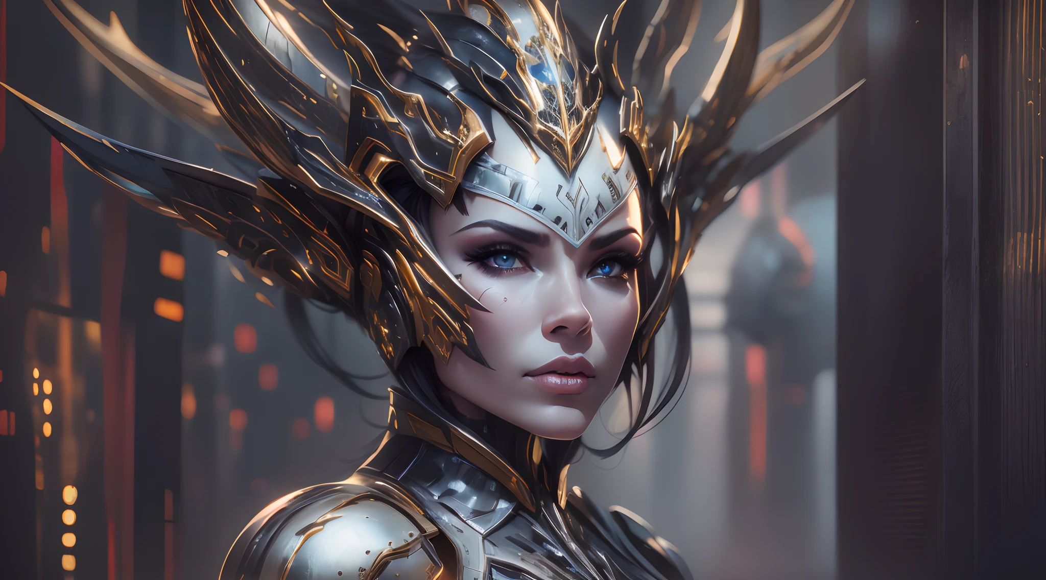 Woman in armor with a crown on her head, usando armadura futurista, ainda de um filme de fantasia, wearing sci-fi armor, wearing witchblade armor, menina na armadura do cavaleiro, warrior in sci-fi armour, usando armadura de fantasia, of a beautiful female warframe, Filme ainda de ciborgue asteca, beautiful female neuromancer, cinematic goddess close shot