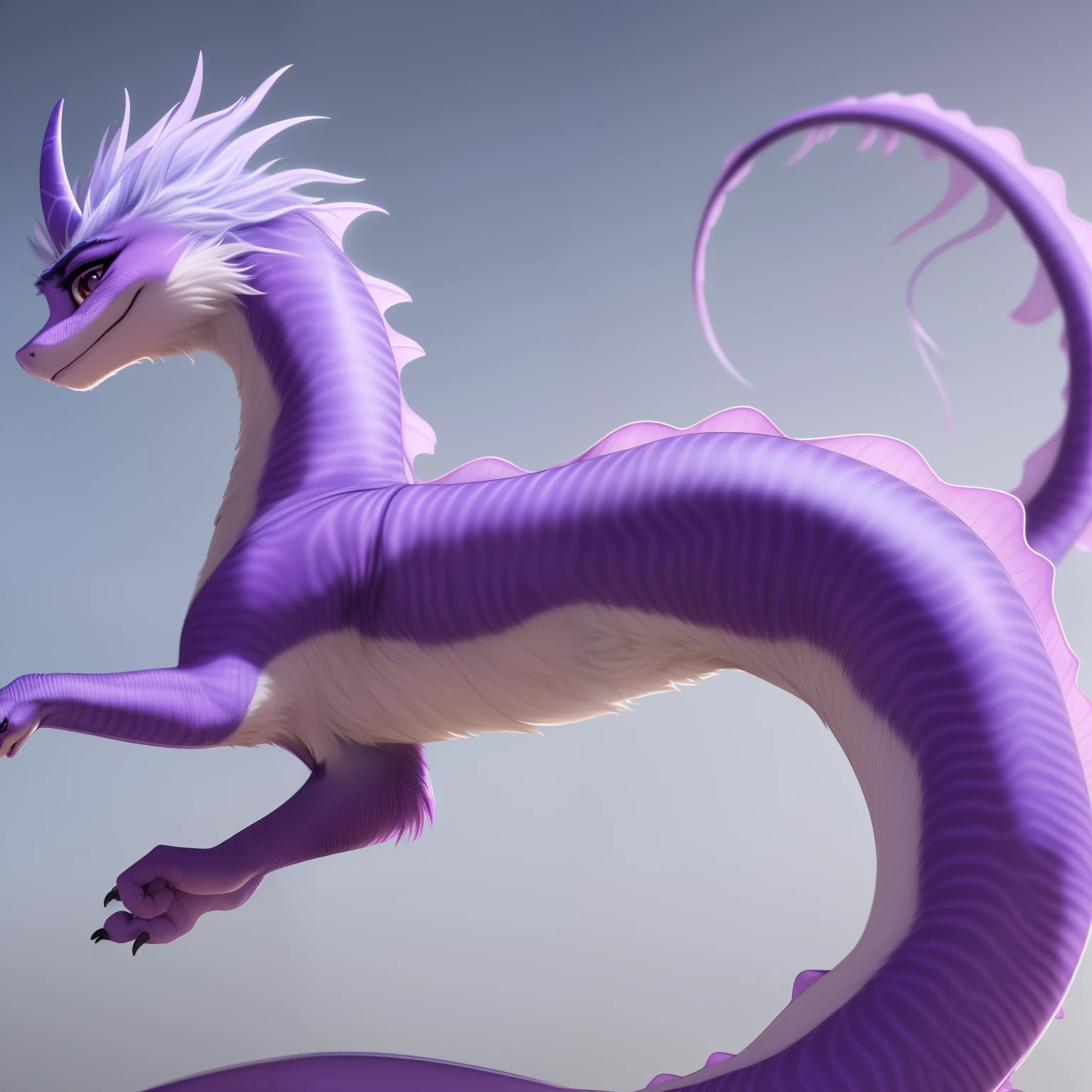 sisu, easter dragon, long body, (long hair), (light purple mane:1), furry, portrait, solo, on back, (best quality), smile, looking at viewer, simple abstract background, 2 horns, purplr body, (half-closed eyes:1.1), parted lips, open mouth, (anthro, fluffy fur, character focus:1.1), anthro, solo, curvy, good anatomy, detailed face, (purple dragon:1), purple, photorealistic, masterpiece, high-resolution. (Bright eyes:1)