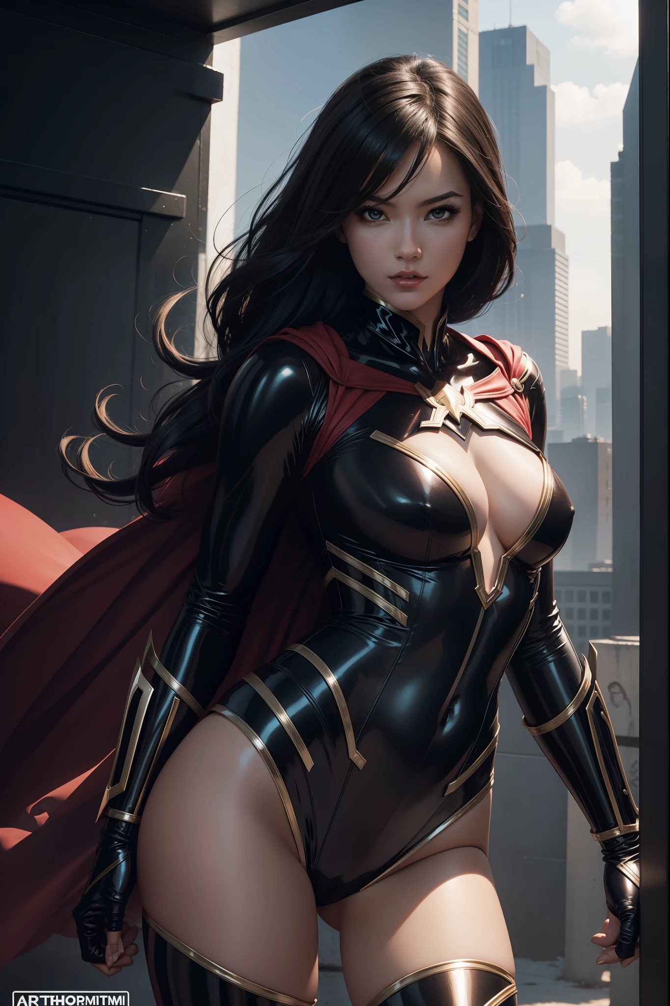 in the style of Artgerm and Adam Hughes, a sexy superhero in costume, outside, dynamic, ultra high def, 32k,
