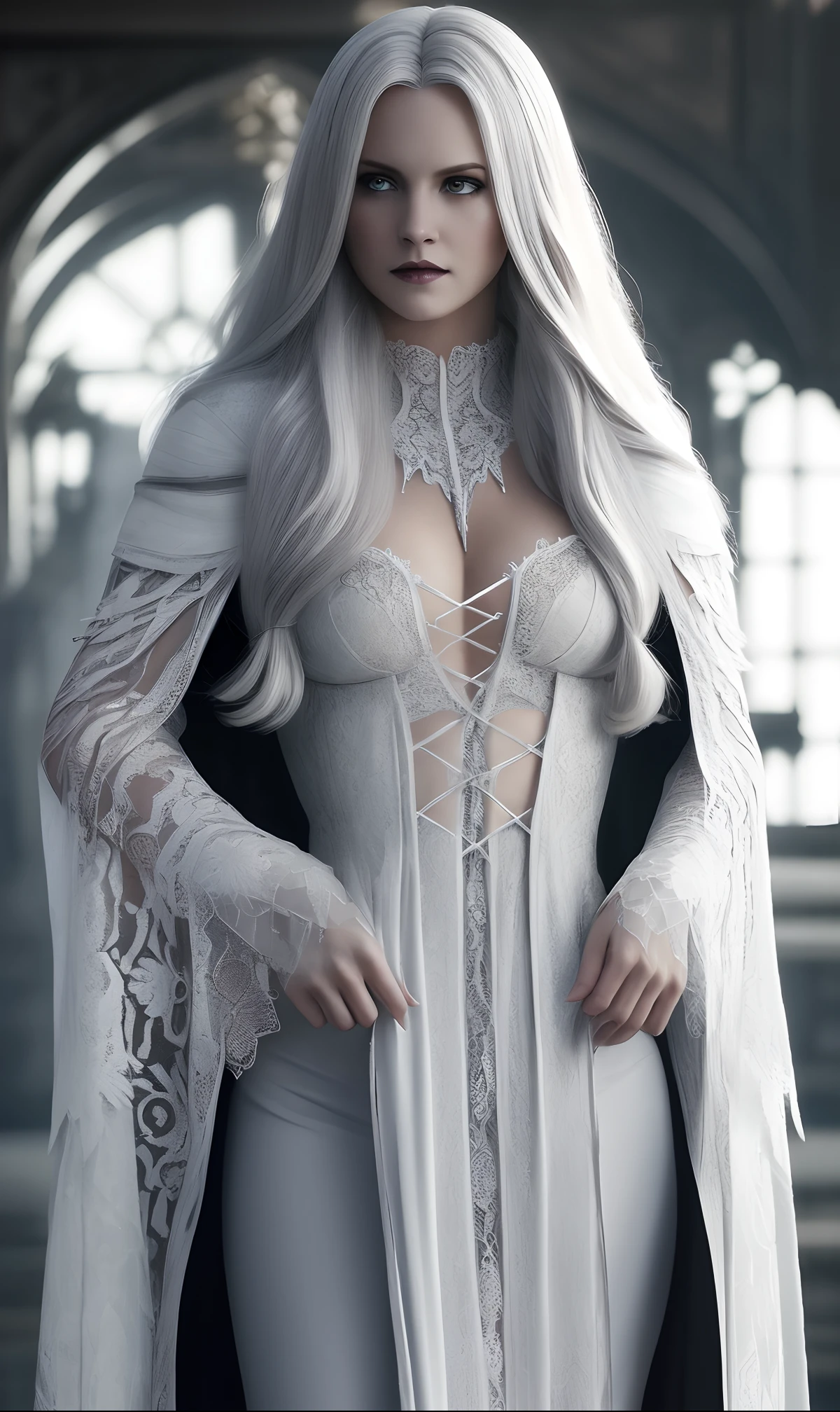 beautiful gothic Emma Frost, high resolution, ((really long hair)), HDR photorealistic cinematic, lace robe