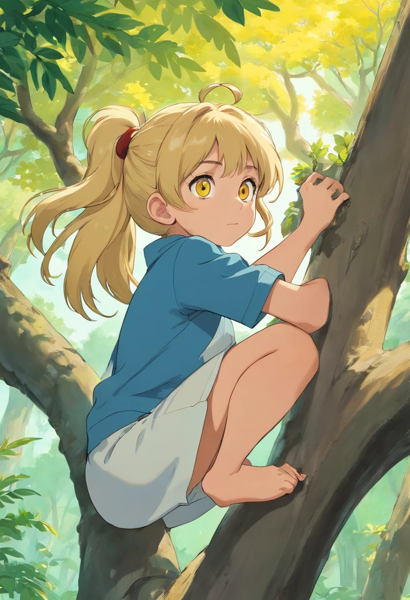 Girl with blonde hair and double ponytail(Yellow eyes)Imitating a monkey climbing a tree