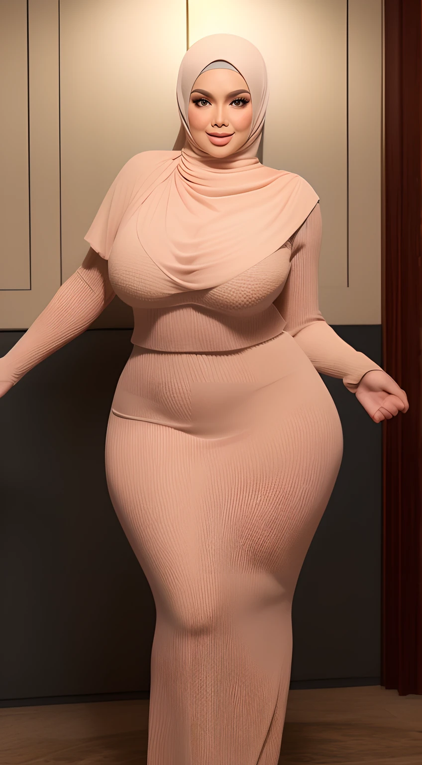 (NSFW,highres:1.2),1 girl,perfect body shape, slim waist, curvy hourglass figure, full body picture, skinny waist and thick hips,full body view,big boobs,wearing a hijab,wearing tight dress,beautiful detailed eyes,long eyelashes,natural makeup,soft smile,she has a jiggly fat round belly,vivid colors,studio lighting,physically-based rendering,digital artwork,bokeh