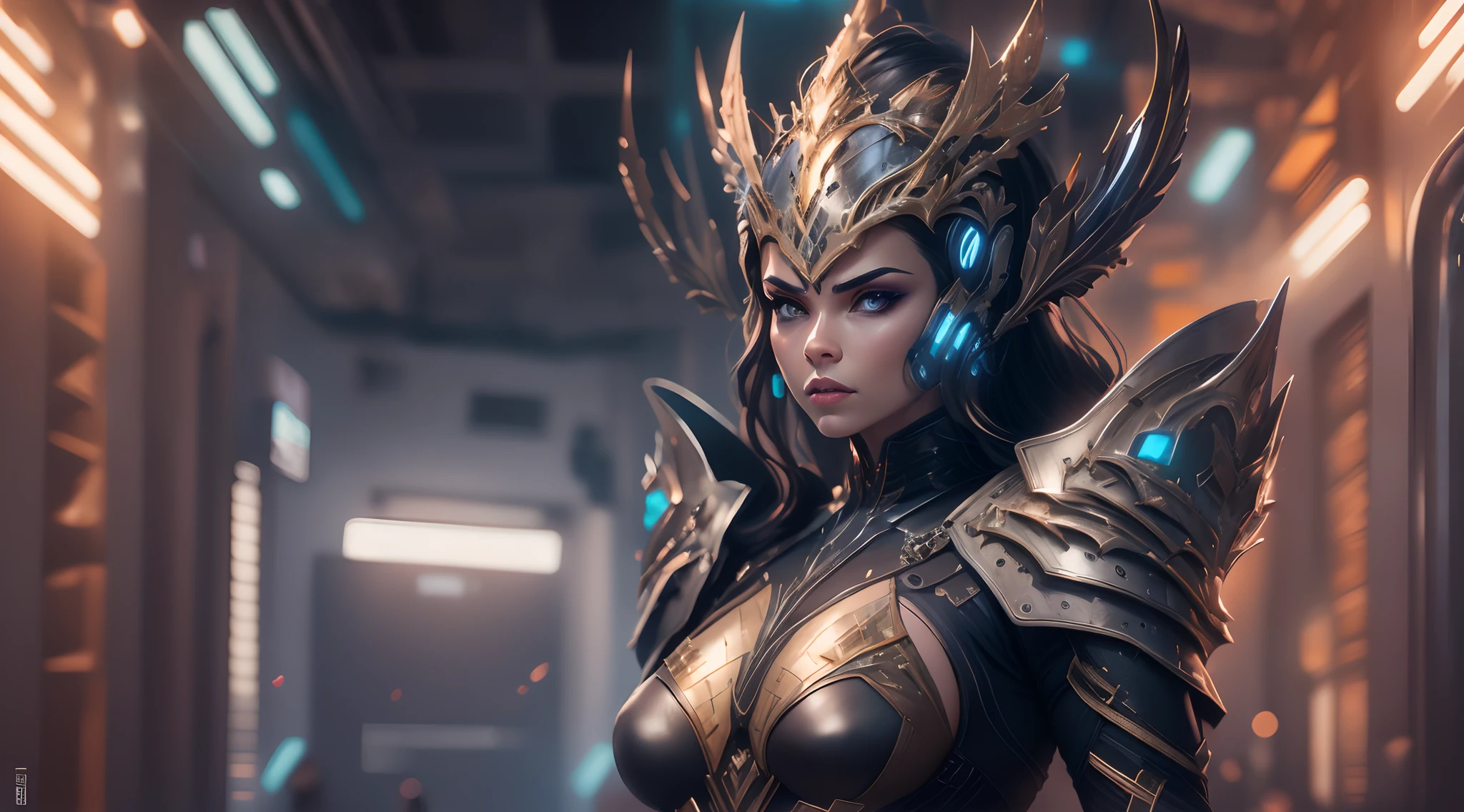 Woman in armor with a crown on her head, usando armadura futurista, ainda de um filme de fantasia, wearing sci-fi armor, wearing witchblade armor, menina na armadura do cavaleiro, warrior in sci-fi armour, usando armadura de fantasia, of a beautiful female warframe, Filme ainda de ciborgue asteca, beautiful female neuromancer, cinematic goddess close shot