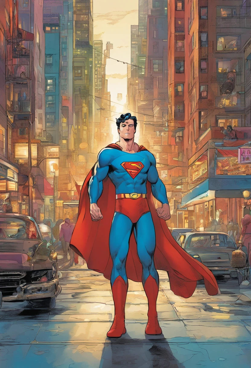Superman, dc, caminando por una calle, Nueva York, Gente observando, alegria, admiracion, Posicion de pie, dinamico, altamente detallado, enfoque nitido, 8k, resolucion de alta definicion, arte de alex ross, noche, luces de ciudad