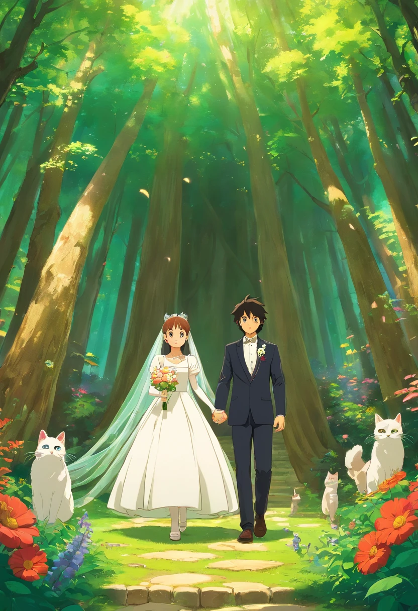 Um casal de gatos, Wedding in a magical forest, 3d, anime, arte obra prima