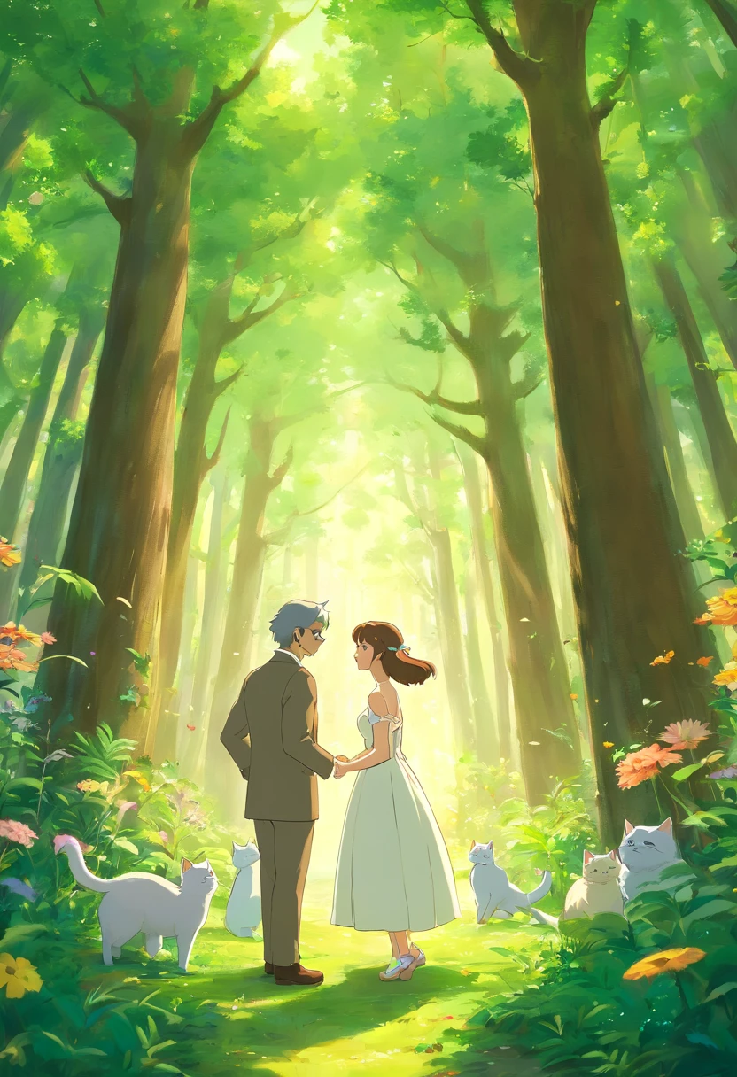 Um casal de gatos, Wedding in a magical forest, 3d, anime, arte obra prima
