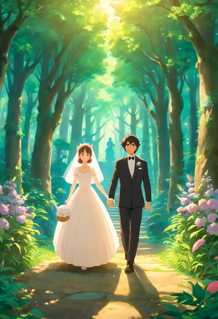 Um casal de gatos, Wedding in a magical forest, 3d, anime, arte obra prima