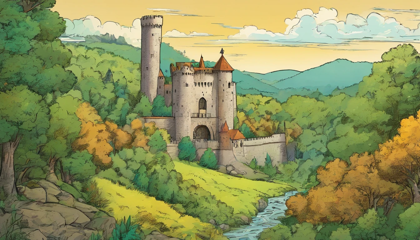 a medieval tower, in the middle of a clearing, in the forest