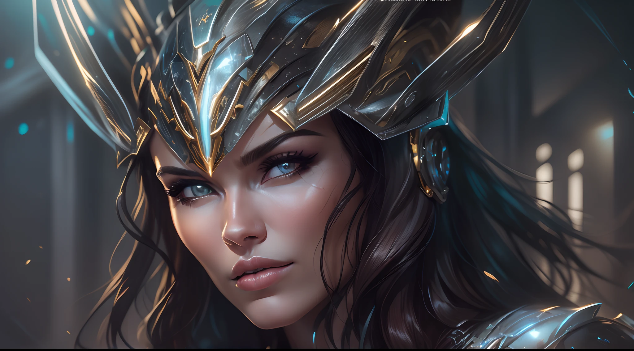 Woman in armor with a crown on her head, usando armadura futurista, ainda de um filme de fantasia, wearing sci-fi armor, wearing witchblade armor, menina na armadura do cavaleiro, warrior in sci-fi armour, usando armadura de fantasia, of a beautiful female warframe, Filme ainda de ciborgue asteca, beautiful female neuromancer, cinematic goddess close shot